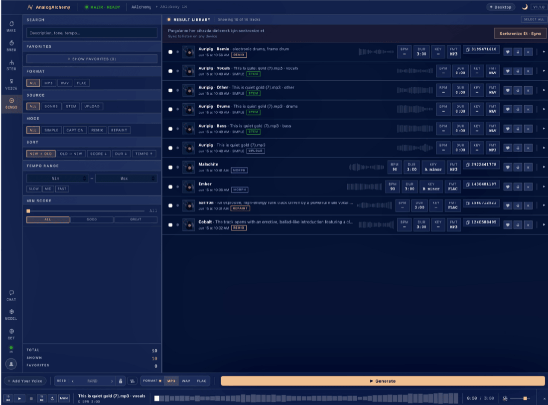 Songs library with waveform player and filters