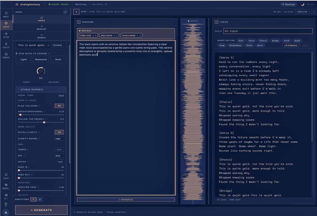 Remix mode with one-tap Recipes and a describe prompt over the source waveform
