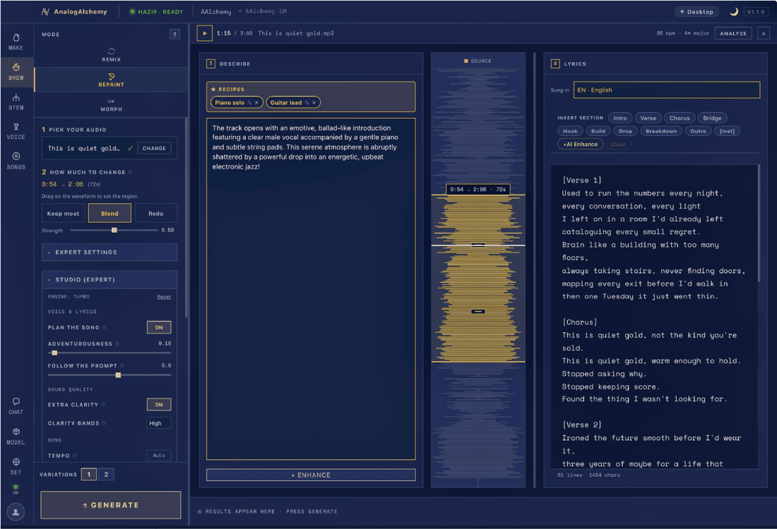 Repaint mode: a selected waveform region rewritten with keep-most, blend or redo