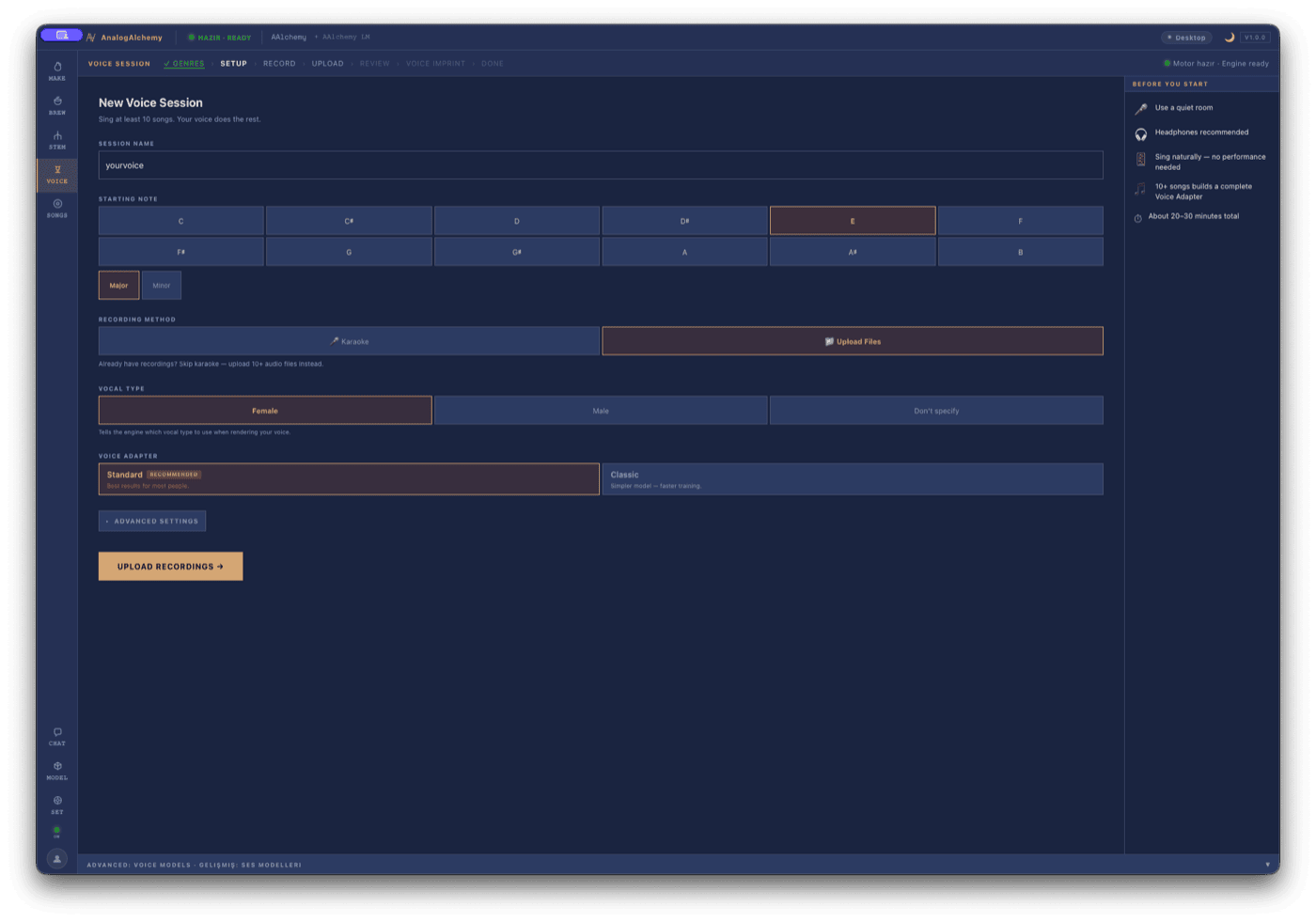 New voice session setup with starting note and vocal type