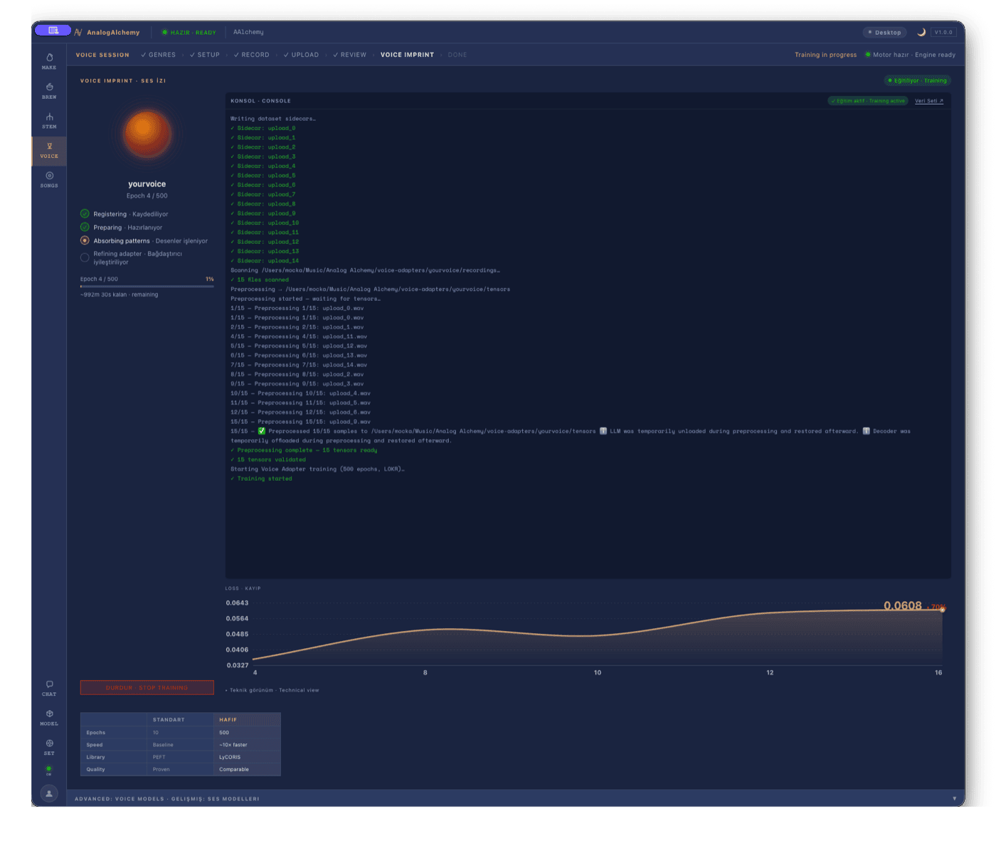 Voice adapter training console with live loss curve